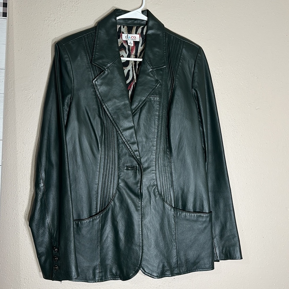 Denim & Co. Green Leather Jacket Medium Button Pleats Animal Print lined